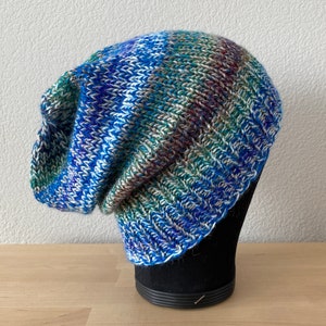 2 in 1 Slouchy AND Fitted Beanie Handmade Hand Knit Hand Crafted Knit Winter Hat Adult Teen Size Unisex Blue Green Yellow Red and White Hat